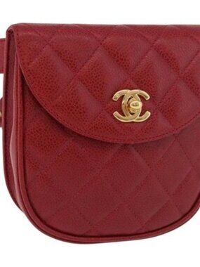CHANEL Waist bag Grained Calf Skin Red Gold CC Auth 183792V